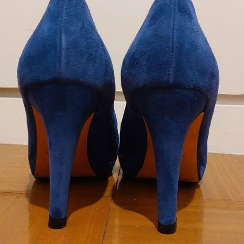 Michele Lopriore peep toe blue suede shoe, new, 10cm heel