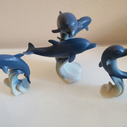 Decorative dolphin set used, pack of 3, blue-cream matte finish