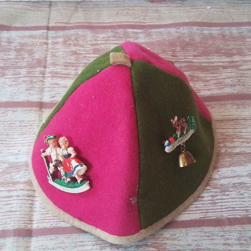 Children's vintage German velvet hat with decorations used Bavarian handmade