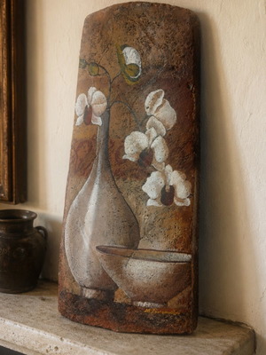 Artwork on old tile with vase and white flowers, new