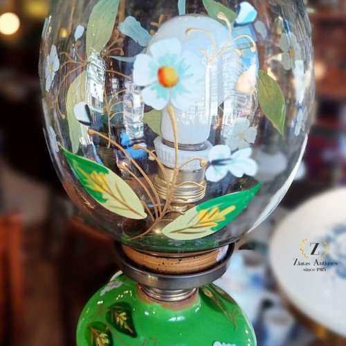 Vintage table lamp with green opaline base and floral bird motifs
