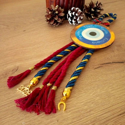 Handmade large 2026 charm with burgundy and blue gold cord and wooden eye