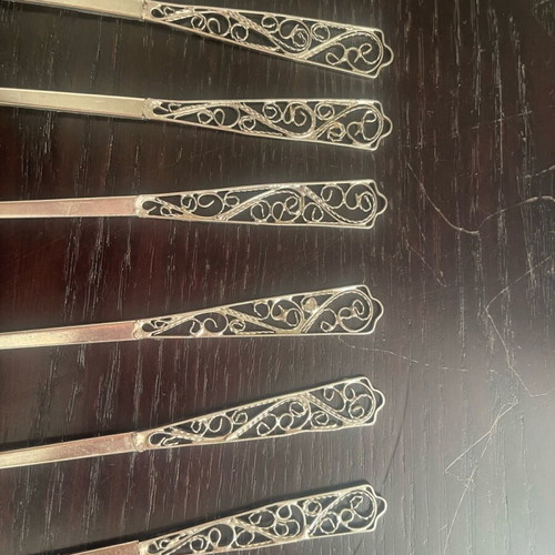 Antique filigran spoons used, set of 6 with slender handle