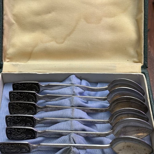 USSR spoons like new, black copper-enamel paint BIRD with MK8 and Ts 1.50 stamps