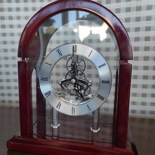 David Peterson Skeleton Mantel Clock like new, wooden with glass