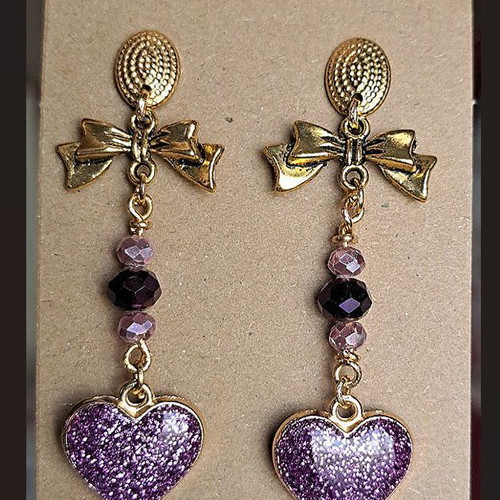 Handmade vintage purple pearl earrings with heart and bow