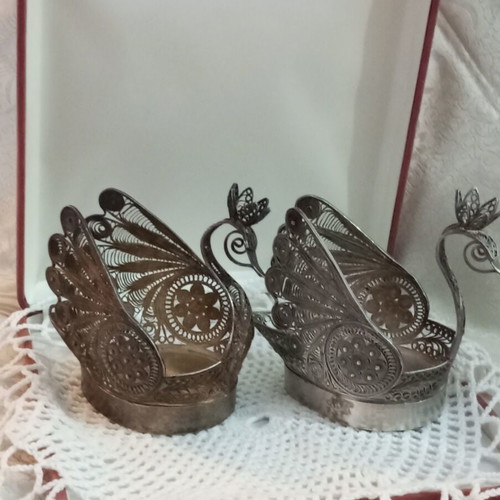 Silver filigree peacock set used, Russian antique, 3 pieces