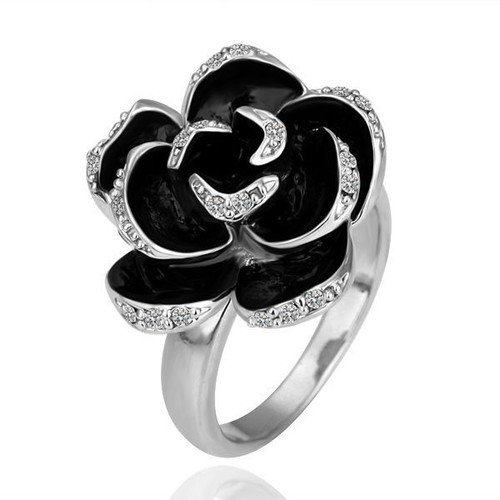 Art ring with delicate rose new, silver-plated metal