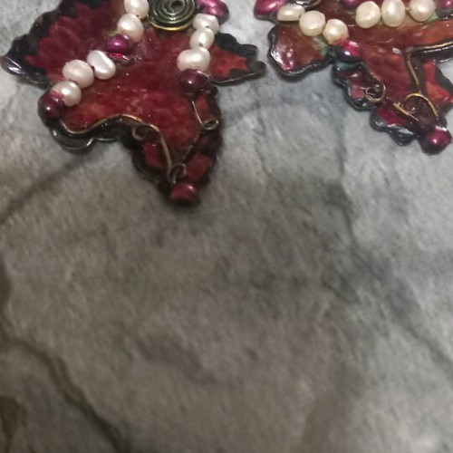 Handmade dangling earrings like new, dark red with pearls