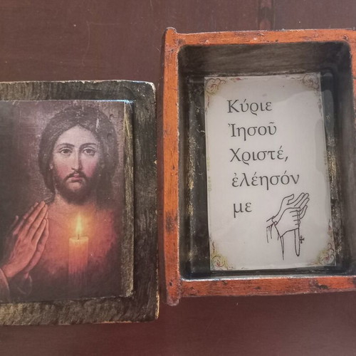 Handmade bottle and box with icon, new religious items