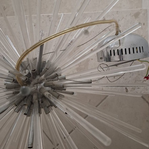 Sputnik style pendant lamp used, metal and glass chandelier