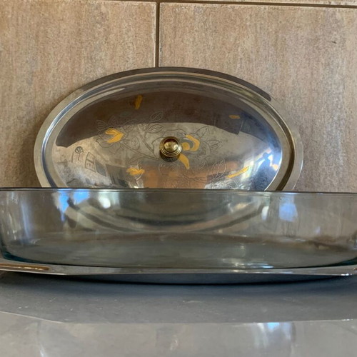 Serving Platter with 24K Gold Used, Stainless Steel and Glass