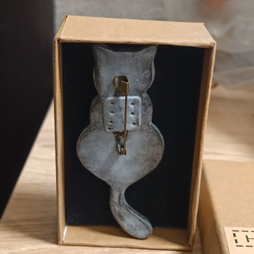 Handmade Cat Brooch with Red Heart, New