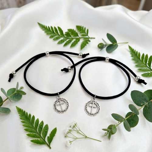 Set of 50 black suede martyrika bracelets with cross, adjustable size