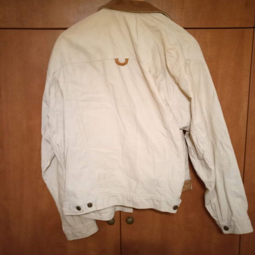 Marlboro Classics denim jacket used, size Large, beige with leather collar