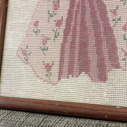 Embroidered textile painting used, framed 30x30 cm