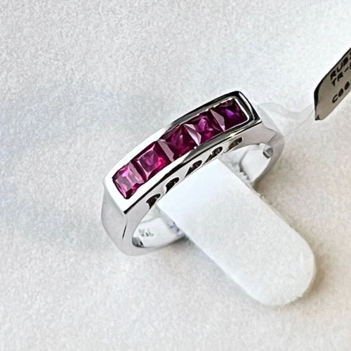 18K White Gold Half Band Ring with Princess Cut Rubies like new