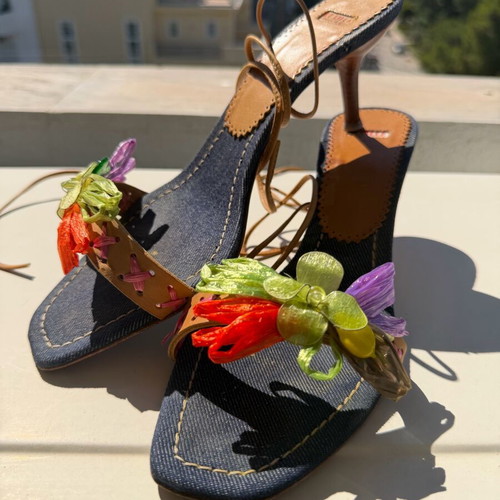 Le Silla Project Vintage Denim Raffia Flower Lace-Up Heels Size 38 like new