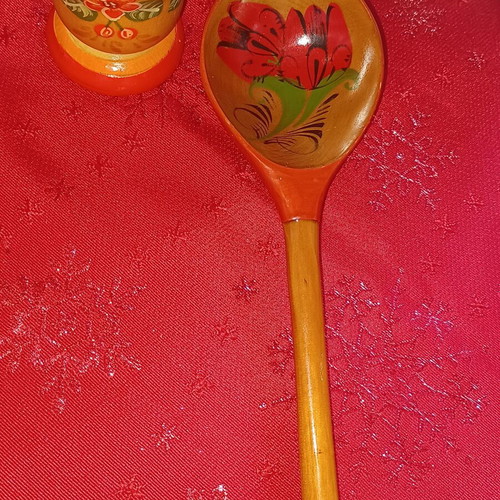 Handmade wooden decorative set with spoon and lidded container like new