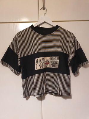 Tshirt oversized crop ριγέ με σχέδιο σαν καινούργιο, μαύρο και άσπρο, μέγεθος L