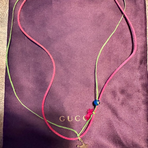 Handmade necklace silver plated with green and fuchsia cords