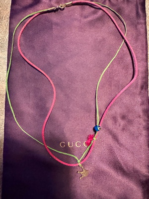 Handmade necklace silver plated with green and fuchsia cords