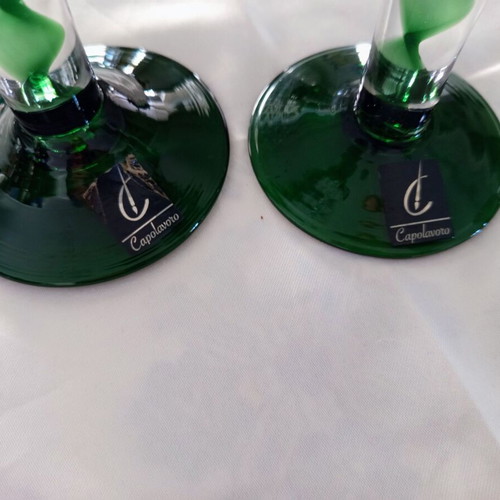 Pair of vintage Italian Capolavoro candlesticks used, handmade green glass