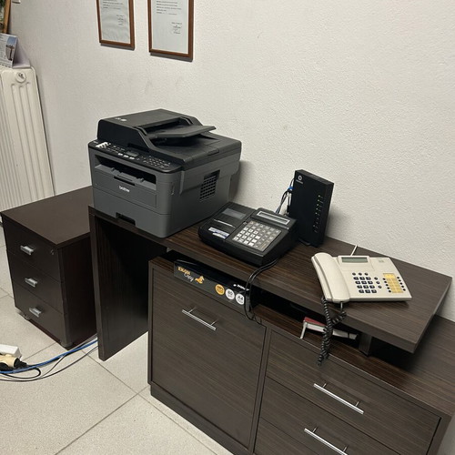Office furniture set with wardrobe, drawers and support unit, dark wood
