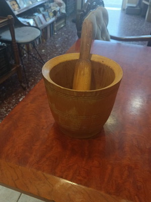 Wooden mortar and pestle large used