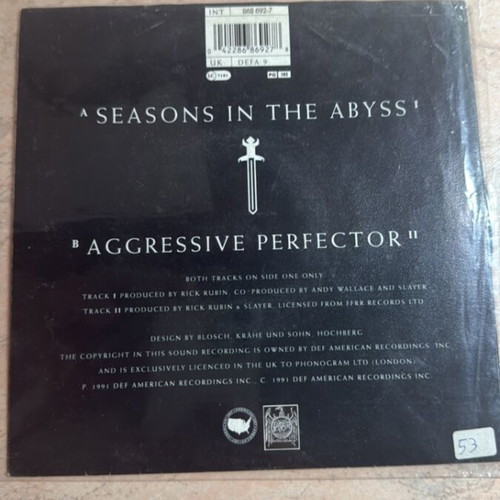Slayer Seasons in the Abyss 7” vinyl single and DVD like new