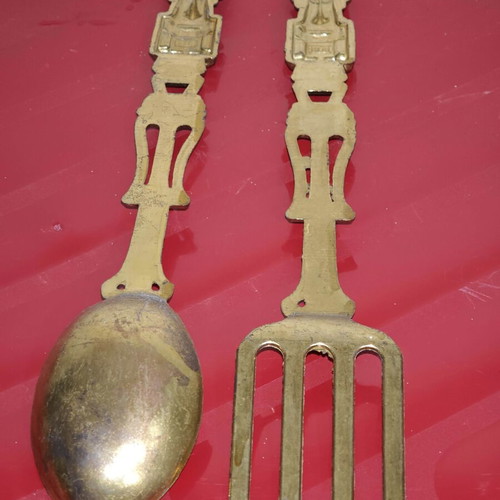 Vintage brass serving spoon and fork set with Aztec motifs