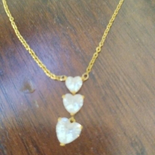 Duke stainless steel necklace with three zircon hearts, like new, 40cm+5cm
