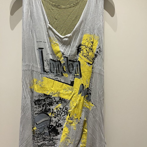 Vivian dress size 12 used, cotton, gray and yellow with prints