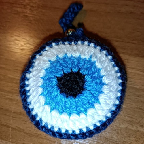 Handmade decorative knitted eye small size blue with light blue round new