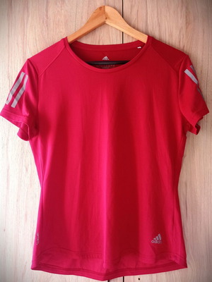 Adidas sports shirt with Climacool technology and reflective sleeves, strawberry red