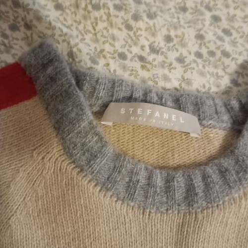 Stefanel short-sleeve wool blouse, beige with grey and red trim