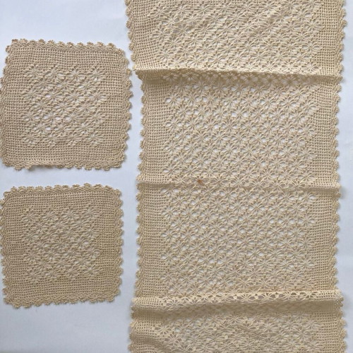 Vintage handmade crochet lace table linens set of 3, like new