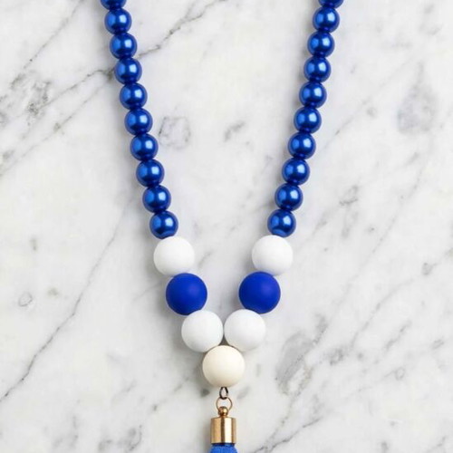 Handmade, blue white beaded long necklace and earings