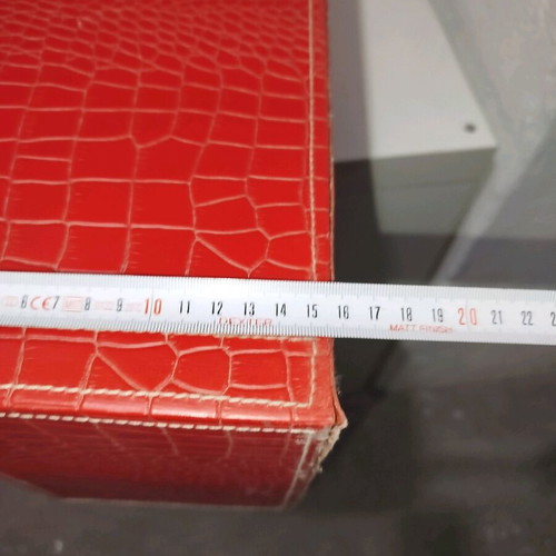 Shelf with red leather upholstery used, 5 compartments for CDs