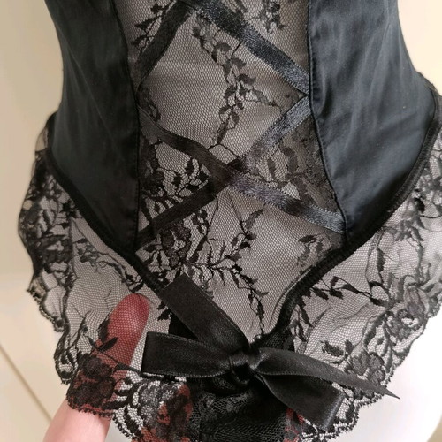 Black satin bodysuit with lace and bow, like new