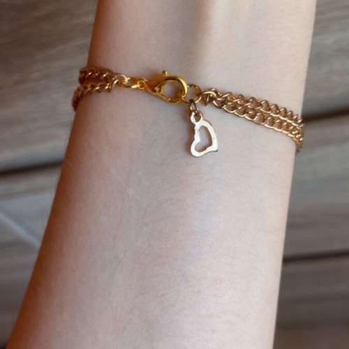 Bracelet handmade heartbeat with double chain and decorative heart in pink-gold