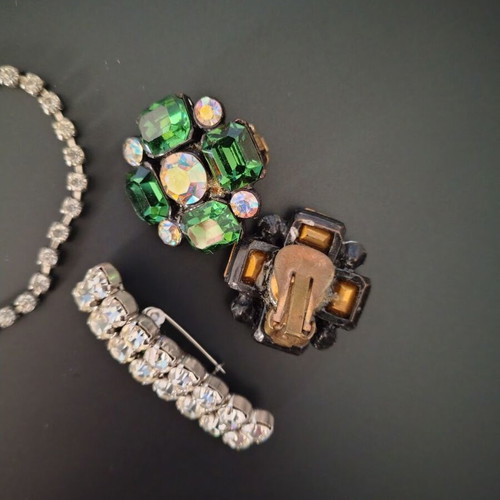 80s jewelry used, brooch, bracelet and earrings with zircon