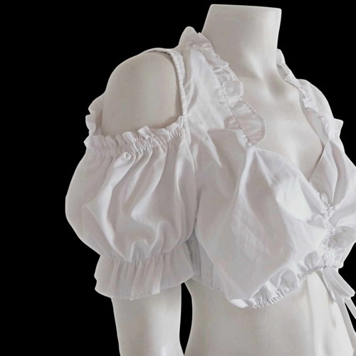 Vintage Dirndl white blouse with off-shoulder and puff short sleeves, size 44