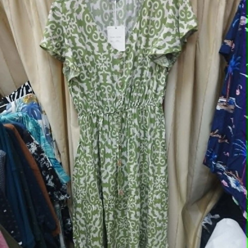 Yookie Green Women's Dress 100% Cotton New with Decorative Buttons