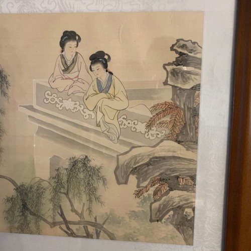 Silk painting used with geishas in wooden frame