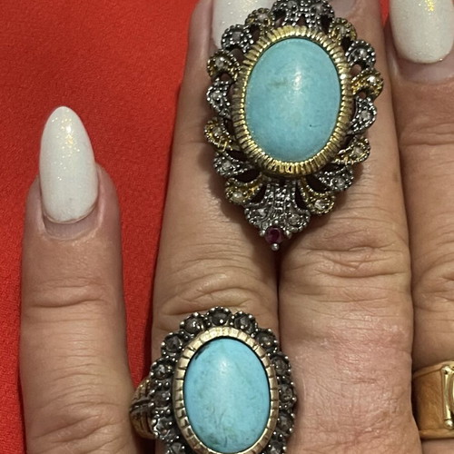 9k gold and 925 silver ring and pendant with diamonds and turquoise, vintage