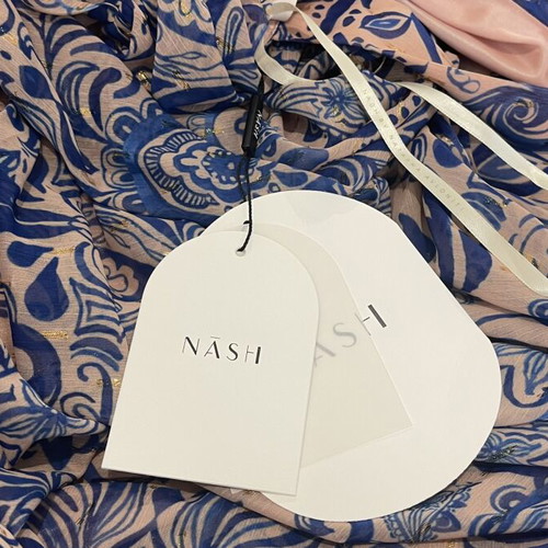 Nash Capri dress by Natasha Avloniti, blue and pink muslin maxi