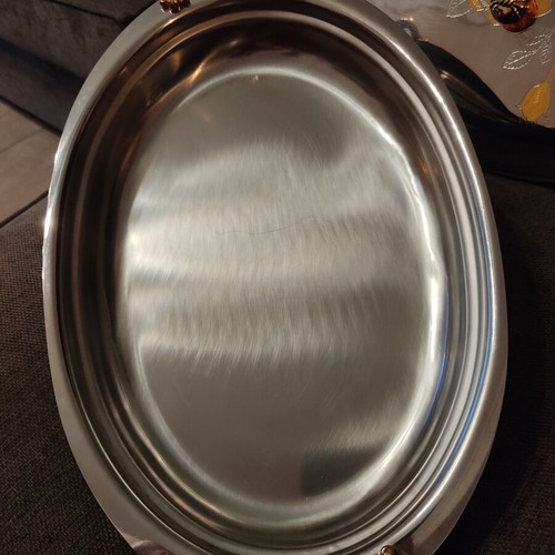 Stainless Steel Serving Platter with Lid used, vintage 90s gold details