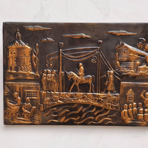 Vintage copper handmade relief wall art used