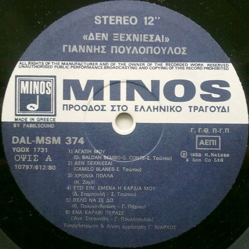 Giannis Poulopoulos Den Xechniesai vinyl record used, laiko